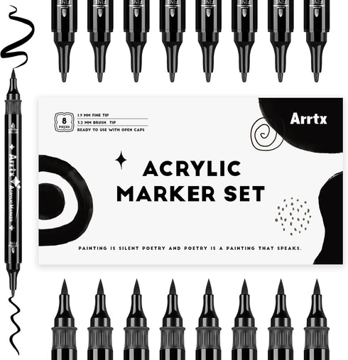 Arrtx 8 Pack Black Acrylic Paint Pens, Dual Tip Acrylic Paint Markers for Rock Painting, Graffiti, Paper, Wood, Ceramic, Fabric, Glass, Canvas, Pl...