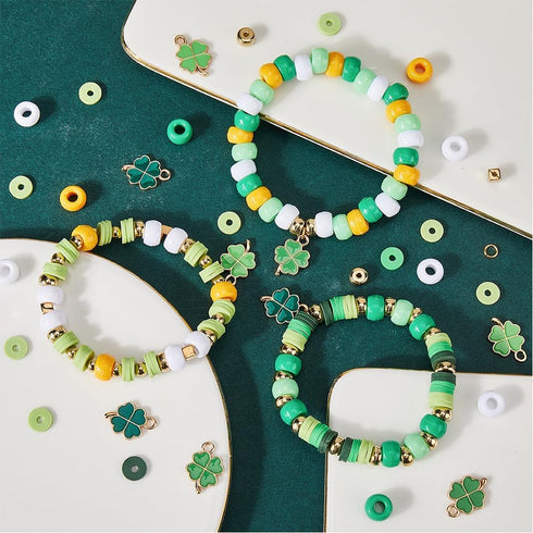 SUNNYCLUE 961Pcs St Patrick's Day Charms 8mm Pony Beads Round Opaque Polymer Clay Heishi Flat Disc Beads Enamel Four Leaf Clover Charms Irish Sham...