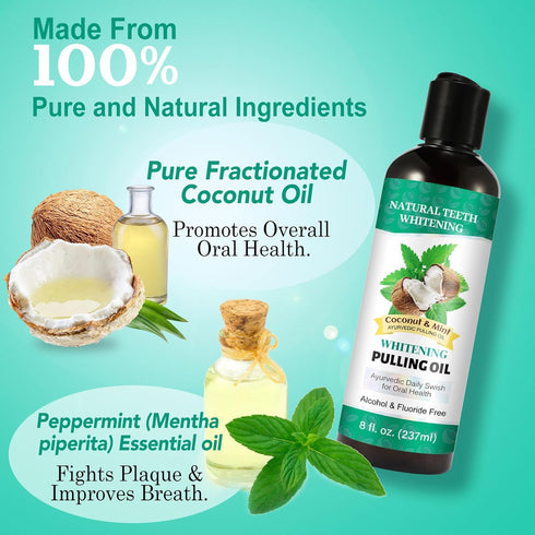 Oil Pulling 8 Fl.Oz,Mint Oil Pulling Mouthwash with Tongue Scraper, Natural Pulling Oil with Coconut & Peppermint Oil-Supports Healthy Gums & Fres...