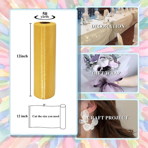 Gold Tulle Crystal Organza Fabric Rolls 12 Inch by 50 Yards (150 feet) Sheer Fabric for DIY Tutu Bow Baby Shower Birthday Party Wedding Decoration...
