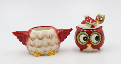 Owl Sugar and Creamer, 5 3/4 X 2 7/8 X 5 3/8"H, Red, White, Black, Green...