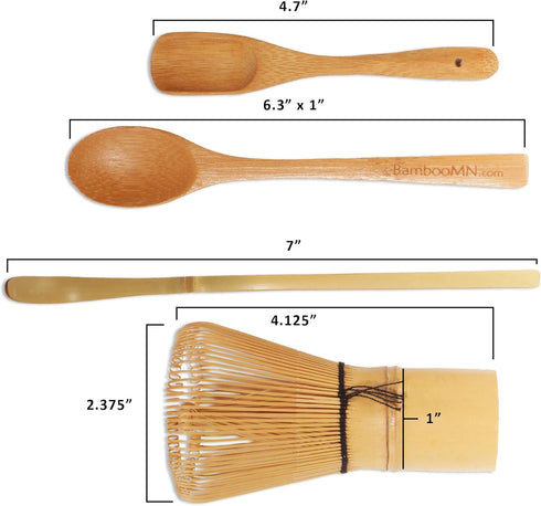 BambooMN Matcha Whisk Set - Golden Chasen (Tea Whisk), Chashaku (Hooked Bamboo Scoop), Deep Scoop, Tea Spoon - 2 Sets...