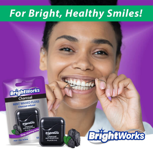 BrightWorks Activated Charcoal Dental Floss - 55 Yards (Pack of 4) - Infused Waxed with Natural Fresh Mint Flavor for Oral Care, Dental Hygiene, a...