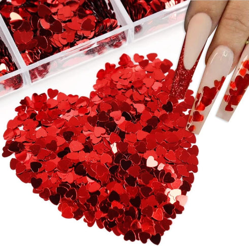 6 Grids Heart Nail Sequins 3D Holographic Nail Glitter Flakes Acrylic Nail Art Supplies Red Love Hearts Shaped Nail Glitter Sequins Valentine's Da...