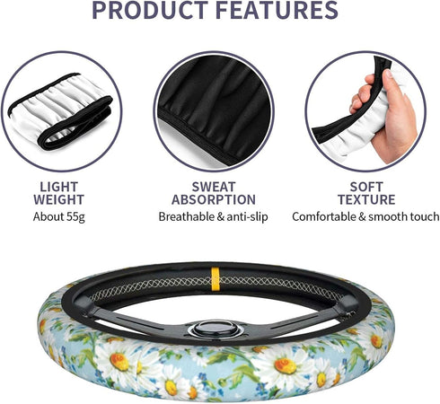 Cute White Daisy Steering Wheel Cover for Women Men Auto Car Wrap Cover Universal Neoprene Anti-Slip Car Wheel Protector Accessories 15 Inch Sweat...