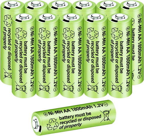 12PCS 1.2V 1800mAh Ni-MH AA Battery Suitable for Wireless Microphones, Electric Toys, RC Mice, Calculators, Razors, Keyboards, Household Appliance...