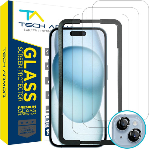 Tech Armor Screen Protector for iPhone 15 Plus 6.7 inch - Ballistic Tempered Glass, Case Friendly, Sensor Protection, HD, 9H Hardness, 3 Pack + Bo...