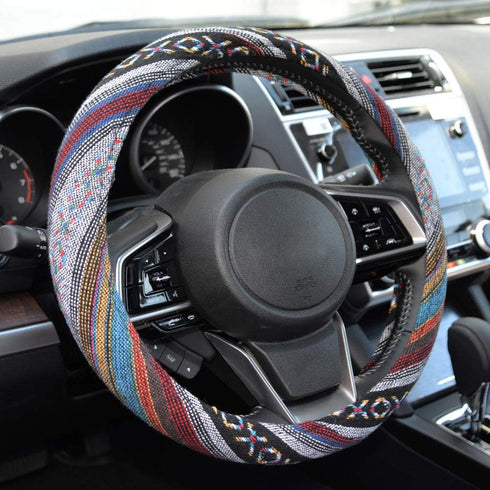 Woven Boho Bohemian Hippie Saddle Blanket Style Steering Wheel Cover for Women - Fits Most Standard Wheel Sizes 14.5 - 15 inch Woven Style - Aztec...