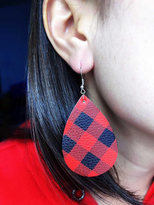 Buffalo Plaid Leather Earrings Necklace Bracelet Set, Classic Plaid Pattern Christmas Jewelry Set for Women...