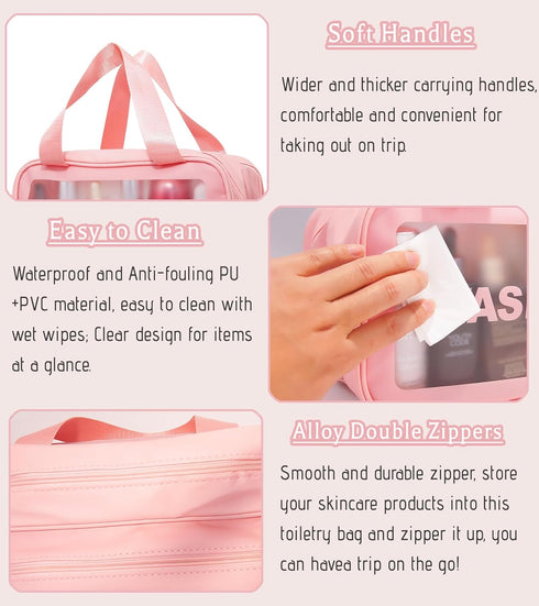 Travel Makeup Bag, Clear Toiletry Bag for Women, Cosmetic Bag with Wet& Dry Dividers, Large Make Up Bag Waterproof, Ideal Gifts (PU-Pink)...