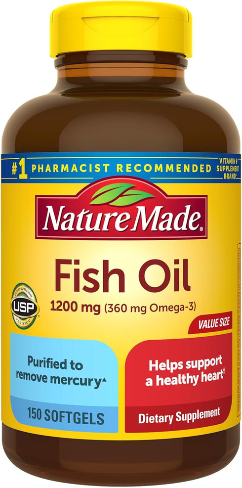 Nature Made Fish Oil 1200 mg Softgels, Fish Oil Supplements, Omega 3 Fish Oil for Healthy Heart Support, Omega 3 Supplement with 150 Softgels, 75 ...