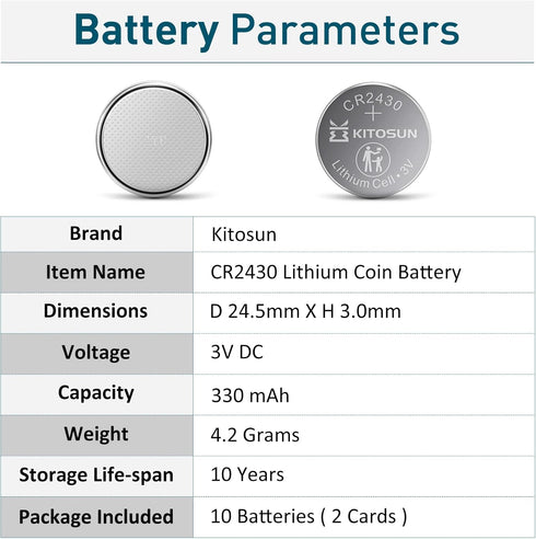 KITOSUN CR2430 3V Lithium Coin Battery – CR 2430 Lithium Cell Button Batteries Replacement for Volvo Car Key Fob Remote Control Fossil Hybrid Smar...
