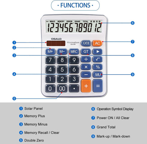 Desktop Calculator Large LCD Display 12 Digit Number Handheld Portable Pocket Basic Calculator with Big Soft Sensitive Button, Battery and Solar P...
