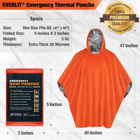 Everlit Survival Rain Poncho Emergency Mylar Space Blanket Camping Gear-Retain 90% of Body Heat Survival Gear for Survival Kits Camping Supplies E...