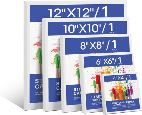 FUMILE Stretched Canvas, Canvases for Painting Multi 5 Pack 4x4,6x6,8x8,10x10,12x12(1 of Each), Cotton Primed Acid Free Blank Canvases for Paintin...