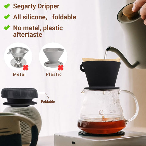 Segarty Silicone Pour Over Coffee Dripper, 1 Set Black Collapsible Coffee Maker Single Cup with Storage Pouch, Reusable Coffee Filter Cone Drip Ho...