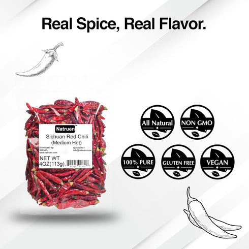 Natruen Whole Dry Szechuan Chinese Red Chili Pods 4 Oz (Medium Hot), Spicy Sichuan Dried Red Hot Chilies for Chili Oil, Paste, and Sauce...