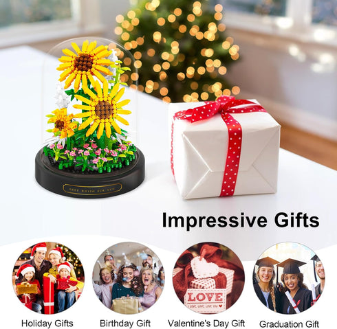 Flower Bouquets Building Toys - 545 PCS Sunflower Micro Building Blocks Kit with Dust Cover, Preserved Flower Home Decor Christmas New Year Birthd...