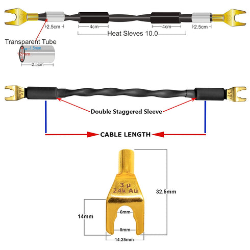 WORLDS BEST CABLES 4 Units - 6 Inch - Canare 4S11 – Audiophile Grade - 11AWG - HiFi Speaker Jumper Cable Terminated with Gold Spade Connectors...