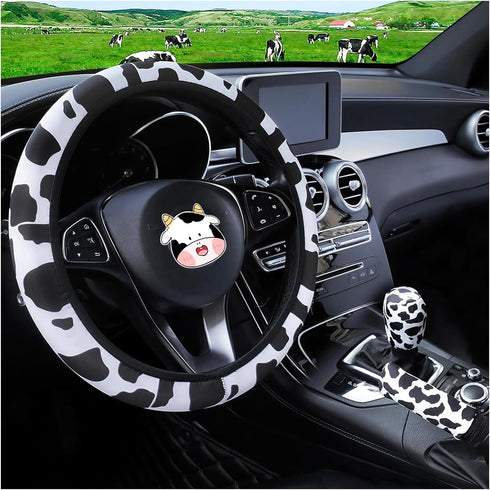 SuperKaKa 3PCS Cow Print Steering Wheel Cover,Auto Cute Anti-slip Breathable Cow-Pattern Shift Gear & Hand Brake Covers Universal Car Interior Acc...