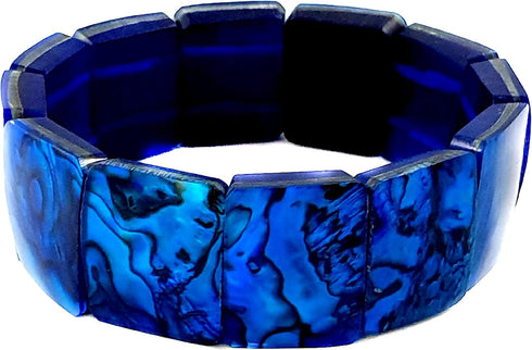 Natural Abalone Shell Stretchable Cuff Bracelet Set in Blue Resin Handmade Women Paua Jewelry DA492-B...