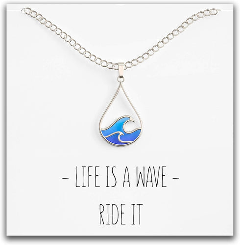 Silver Wave Necklace - Beach Jewelry for Surfers and Sea Lovers - Motivational Drop Shape Pendant with Gift Message Card...