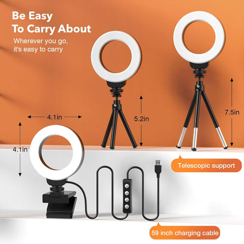 Ring Light for Laptop/Computer,Zoom Call, 4'' Small Video Conference Lighting with Webcam Style Mount and Tripod,3 Light Modes&10 Brightness Level...