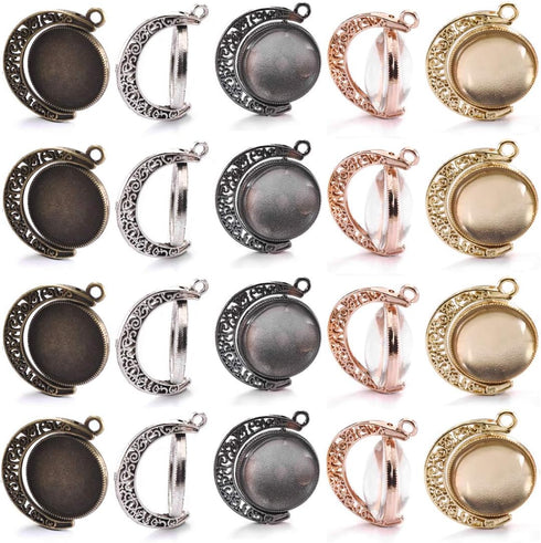 DROLE 60Pcs Moon Rotation Pendant Trays Kit-20Pcs 25mm Double Side Cabochon Setting and 40Pcs 25mm Rond Glass Cabochons for Jewelry Making DIY Cra...
