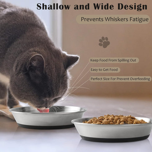 Stainless Steel Cat Bowls,Whisker Friendly Shallow Cat Dishes for Food and Water,Non-slip Silicone Bottom,Heavy Duty,Replacement Kitten Metal Plat...