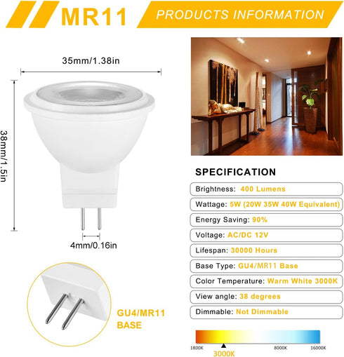 YUIIP 5W MR11 GU4 LED Light Bulbs 12V 20W 35W 40W Halogen Bulb Replacement Soft Warm White 3000K Recessed Spotlight Lamp for Landscape Track Light...