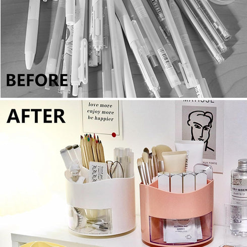 Pen Holder for Desk, 4 Slots 360 Rotating Pen Pencil Holder Desk Organizer with Drawer, Desktop Storage Cute Spinning Pencil Cup Pen Caddy for Off...