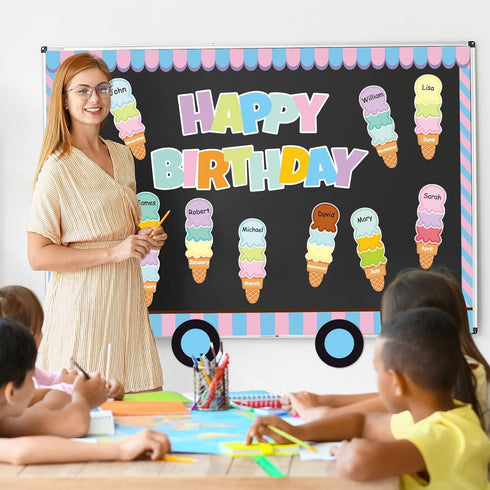 99Pcs Summer Ice Cream Birthday Bulletin Board Set Classroom Happy Birthday Chart Cutouts Name Plates Decoration for Calendars Bulletin Boards Wal...