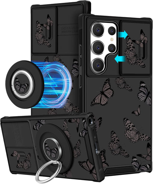 ?2in1 for Samsung Galaxy S24 Ultra Case Women Cute Girls Phone Cover Girly Aesthetic Black Butterfly Unique Design Camera Cover Compatible with Ma...