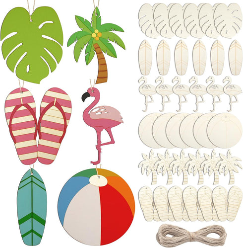 Simgoing 36 Pcs Unfinished Wood Summer Cutouts Hawaiian Wood DIY Paint Crafts Tropical Beach Ball Palm Tree Flip Flop Shaped Hanging Ornaments wit...