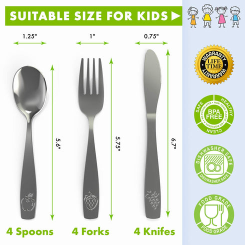 12 Piece Stainless Steel Kids Silverware Set - Child and Toddler Safe Flatware - Kids Utensil Set - Metal Kids Cutlery Set Includes 4 Small Kids S...
