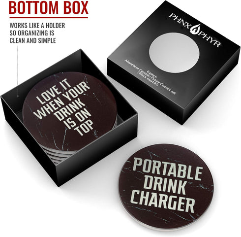 Clever & Funny Coasters for Drinks Absorbent with Box Holder - 6 Piece Ceramic Black Marble Coaster Set - Man Cave Decor...