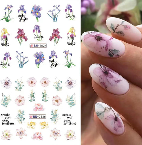 12 Sheets Flower Nail Stickers Decals Spring Summer Nail Art Stickers Floral Butterfly Dragonfly Water Transfer Nail Decals Colorful Nail Art Supp...