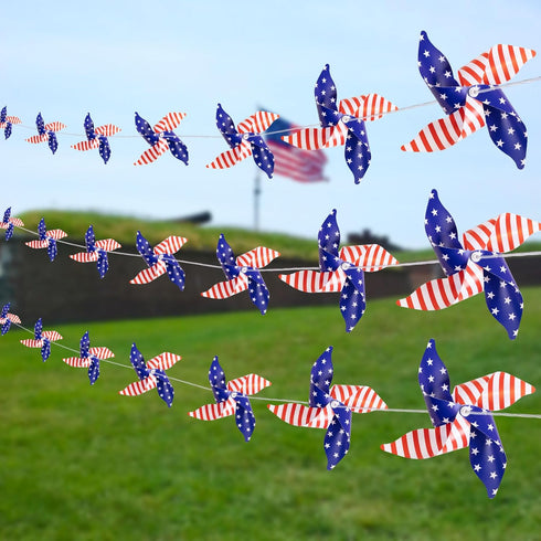 4th of July Patriotic Decorations, 40 Pcs Pinwheels with 2x33-Ft Ropes Memorial Day Fourth of July Independence Red Blue and White Star Stripe Str...