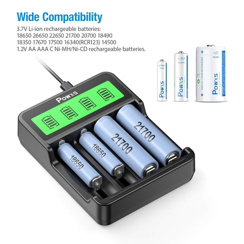 POWXS Universal Lithium 18650 Battery Charger for 3.7V Li-ion 18650 26650 18490 17670 17500 22650 21700 20700 18350 16340 RCR123A 14500, AA AAA & ...