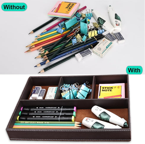 KINGFOM Pu Leather Desk Organizer Tray, 4 Compartment Office Storage Supplies Stationery Drawer Tray, Nightstand Bedside Tray for Key, Wallet, Wat...