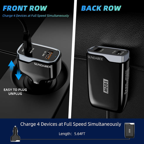 SUNDAREE 12v USB Charger Multi Port,102W Super Fast Car Charger with 5FT Cable - Cigarette Lighter USB Charger for iPhone and Samsung & More - Bla...