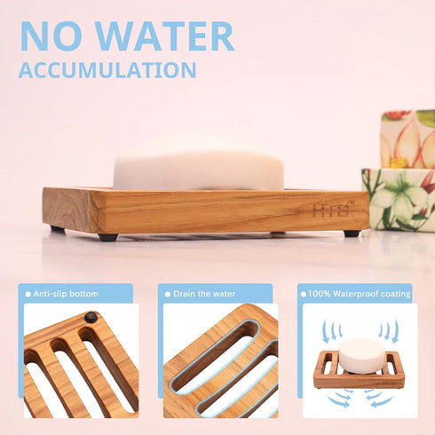 Slotted Soap Dish 2 Pack Teak Wood by HTB, Kitchen Wooden Sponge Holder, Self Draining Soap Dish for Shower, Sink, Bathroom, Bathtub, RV...