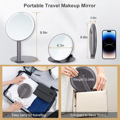 MILEDUO Rechargeable Travel Makeup Mirror with Lights, 6.3 inch Foldable Compact Mirror 850mAh Battery, 3 Color Light Touch Screen for Travel and ...