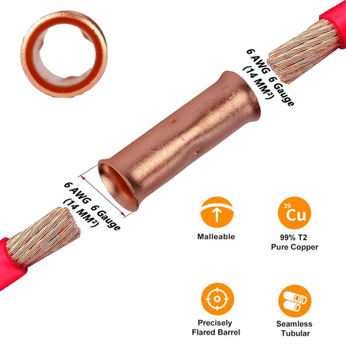 6 Gauge Butt Splice Connectors 30 PCS 6 AWG Non-Insulated Butt Connectors,Bare Pure Copper Butt Splice Wire Connector,Heavy Duty Uninsulated Crimp...