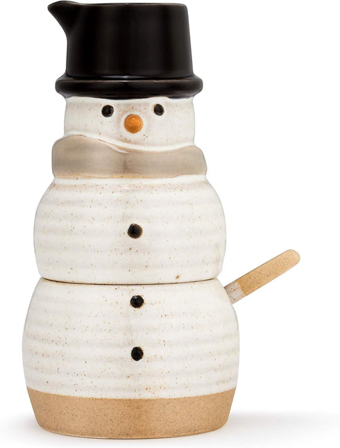 Demdaco Friendly White Snowman 6.5 x 3 Stoneware Stacking Cream and Sugar Container Canister Set...
