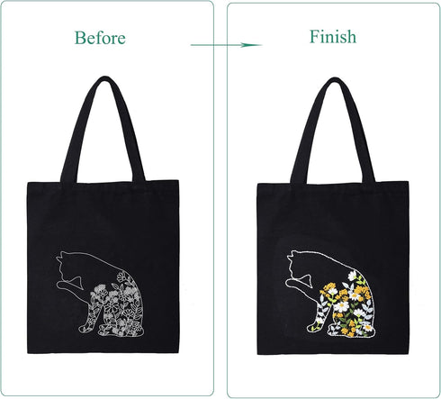 Harimau Beginner Canvas Tote Bag Embroidery Kit,Black Kitten Pattern,Cross Stitch Kits, Including Stamped Embroidery Bag with 1 Embroidery Hoops,N...