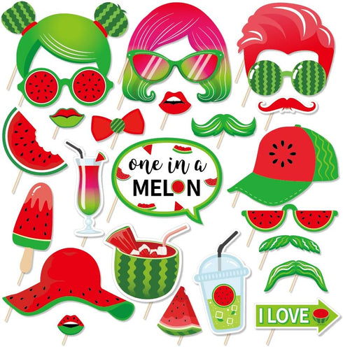 25Pcs Watermelon Photo Booth Props with Stick, Summer Fruits Theme Selfie Props, One in A Melon Birthday Party Supplies, Photography Backdrop Deco...