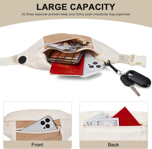 Telena Crossbody Fanny Pack for Women Men Fashion Waist Pack Belt Bag with 4-Zipper Pockets for Hiking Running Travel, Beige-Khaki...