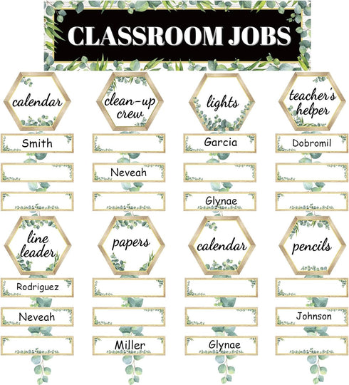 116pcs Eucalyptus Classroom Jobs Bulletin Board Set Classroom Teacher's Helper Charts Eucalyptus Cutouts Name Plates Kits Decorations for Bulletin...