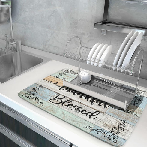 Rustic Wood Dish Drying Mat 18x24 Inch Grateful Thankful Blessed Kitchen Drainer Mats Absorbent Microfiber Rack Holder Countertop Pad...